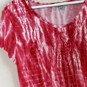 Tie‎ Dye Shirt Top Smocked Scoop Neck Pink White Short Sleeve